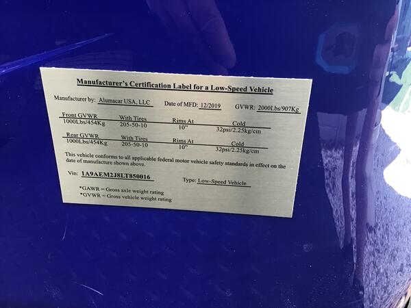 Image of street legal golf cart certification plate